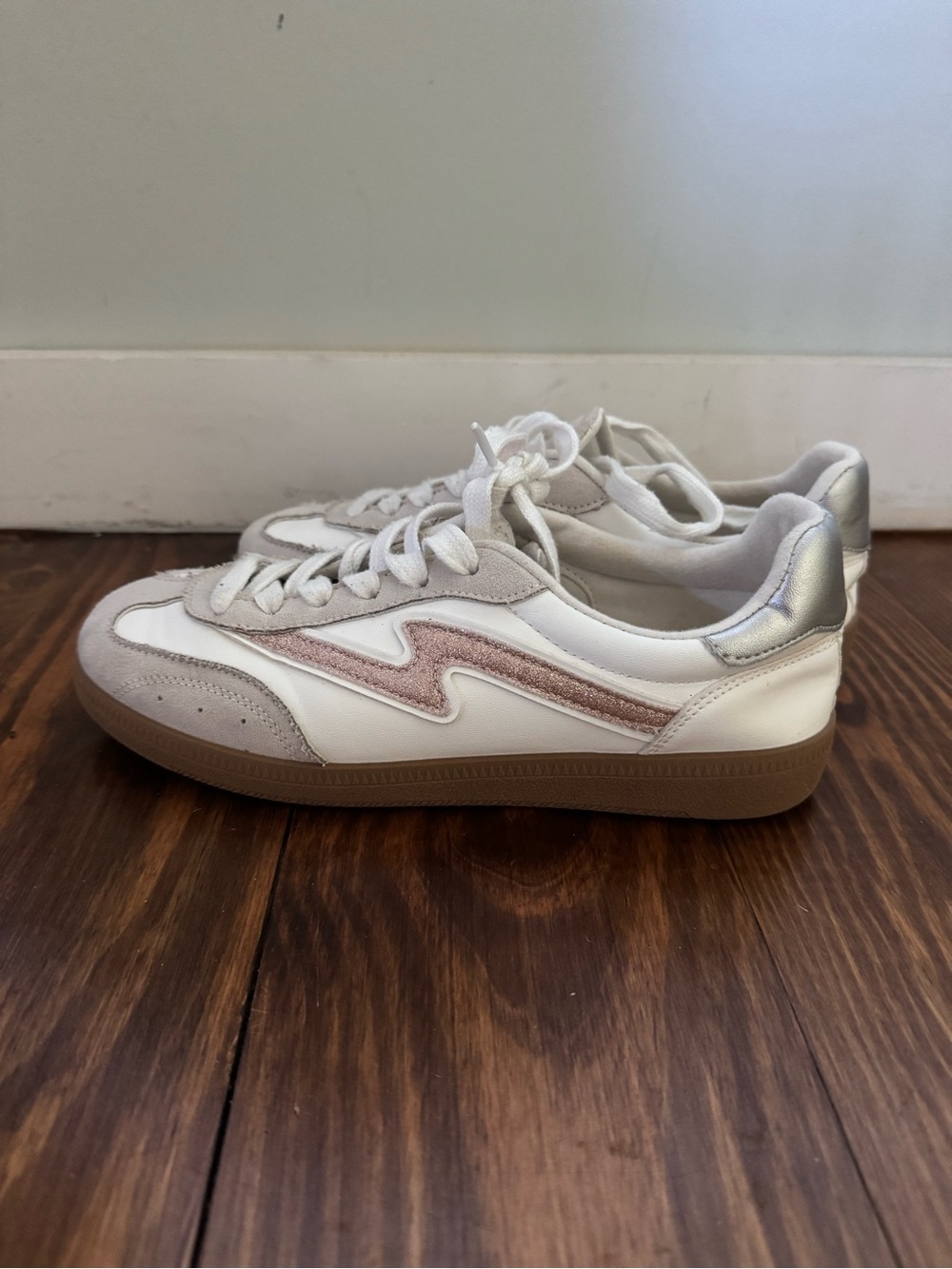 Madden Girl White Sneakers with Pink Accent and Silver Heel